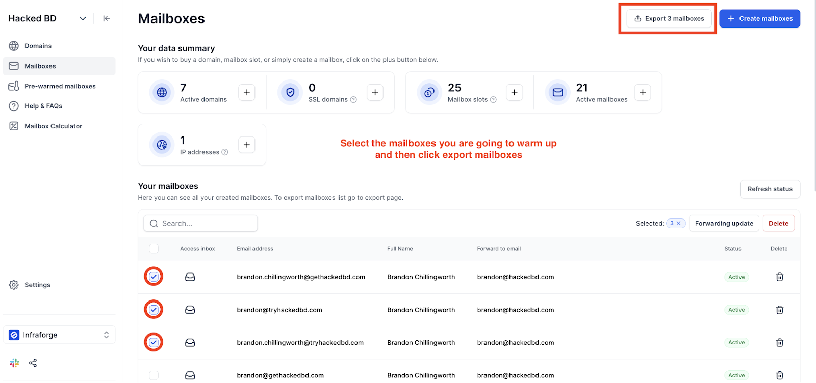 Infraforge how to export mailboxes