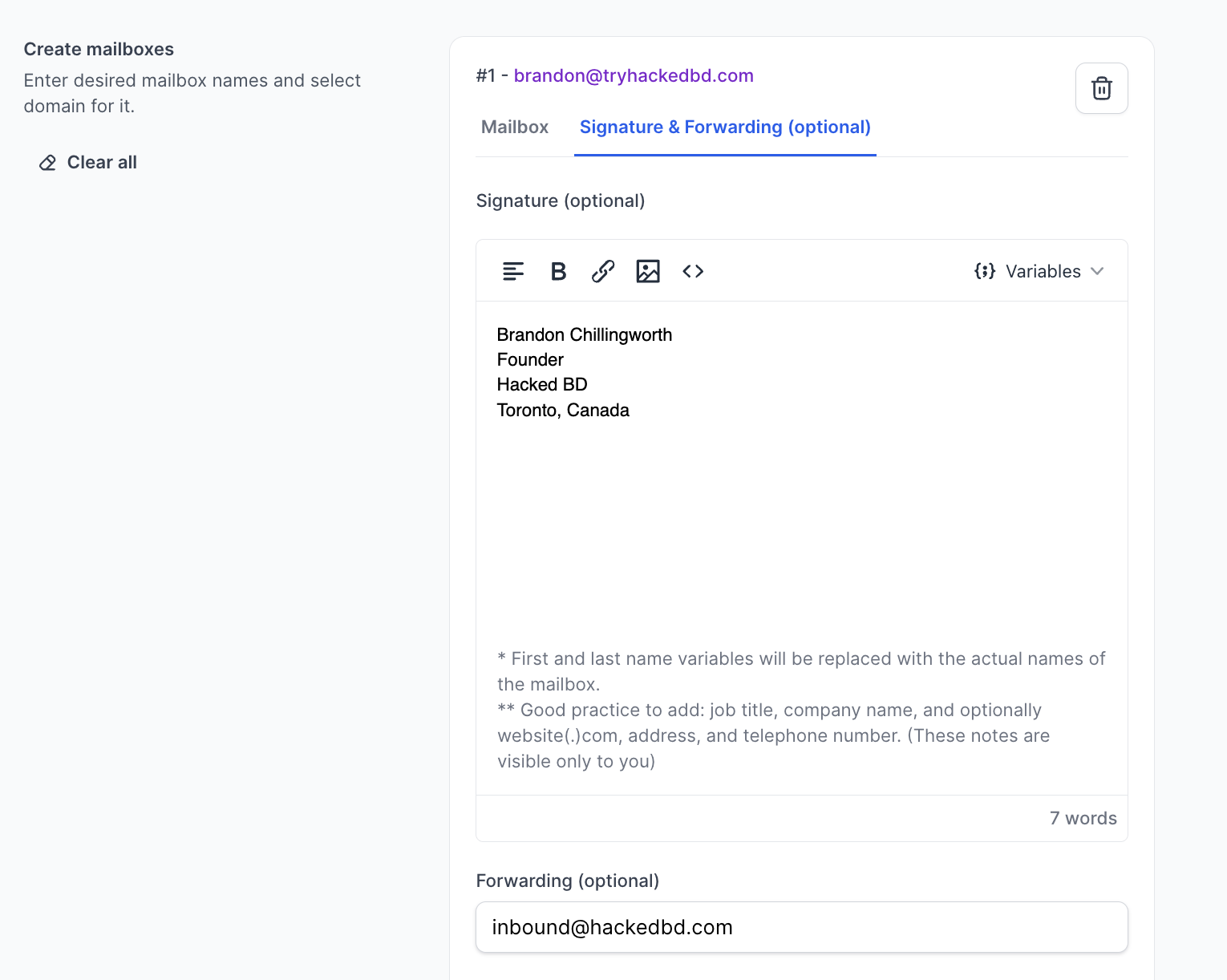 Set email signature and forwarding in Infraforge