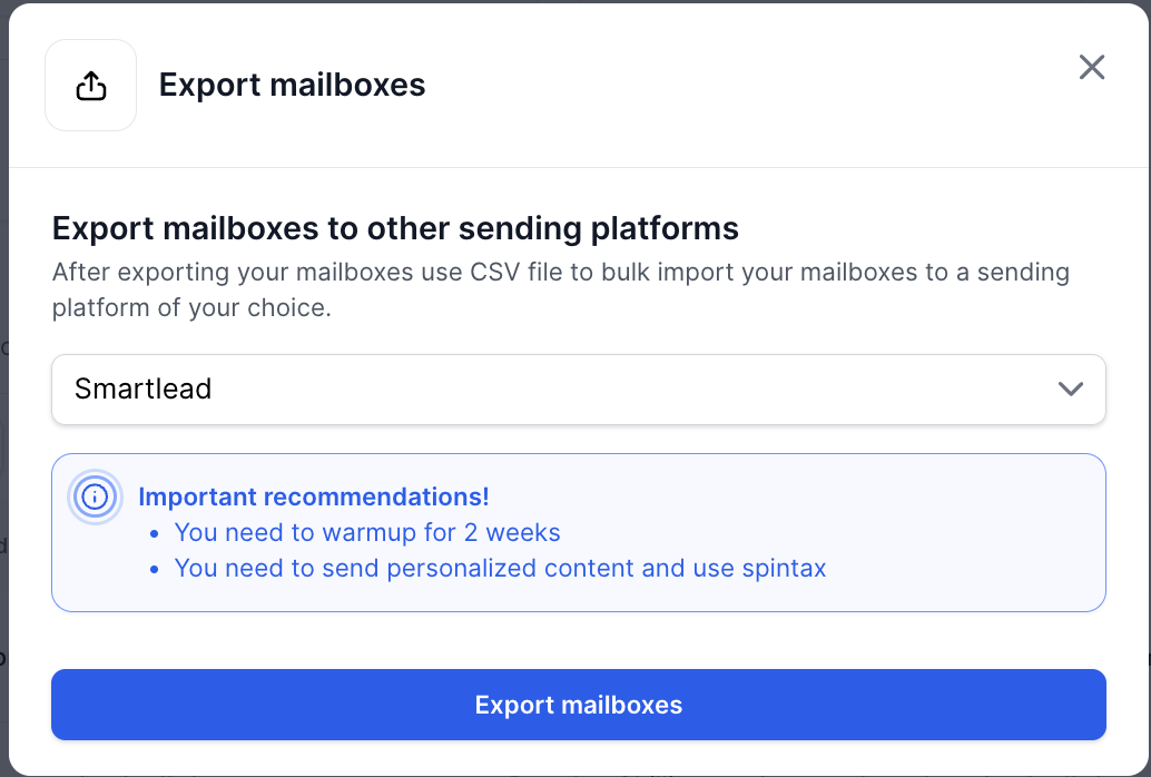 Infraforge export mailboxes to Smartlead