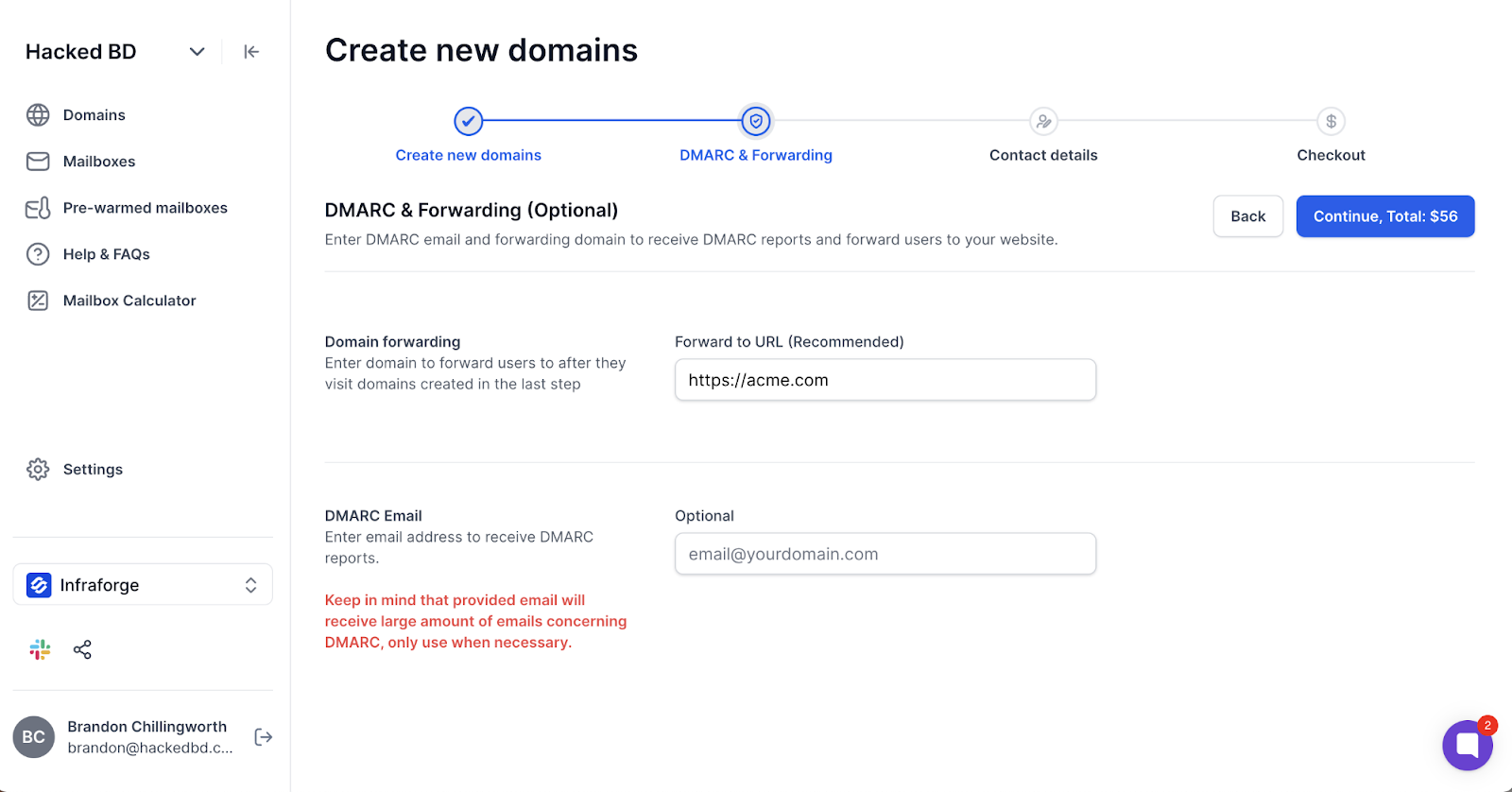Infraforge DMARC and forwarding setup